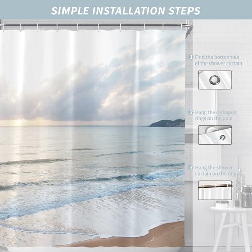 Ocean Beach Coastal Sea Scene Shower Curtain for Bathroom 72W*72H Inch Seaside Nautical Summer Beachy Landscape Sand Bathtub Decor Waves Seacoast Hawaiian Aesthetic Waterproof Polyester Fabric