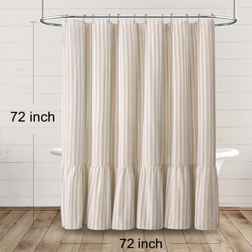 Farmhouse Shower Curtain Ruffle Linen White-Beige Stripe 72"W x 72"L