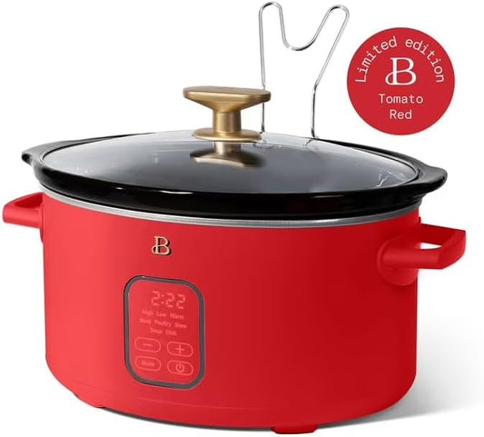 B 6 Qt Programmable Slow Cooker with Digital Timer, 5 Cooking Functions, Removable Ceramic Pot, Tempered Glass Lid, Dishwasher Safe (Tomato Red)