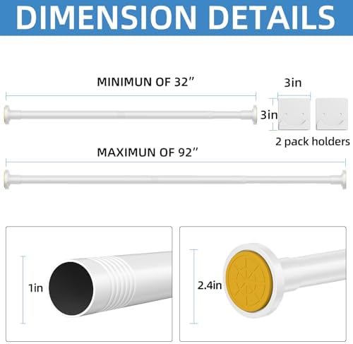 CorkLatta White Shower Curtain Rod,1 Inch Diameter Stainless Steel Adjustable Spring Tension Rods 32 to 92",with Holders,Anti-Slip,Curtain Rods No Drilling(1 Pack)