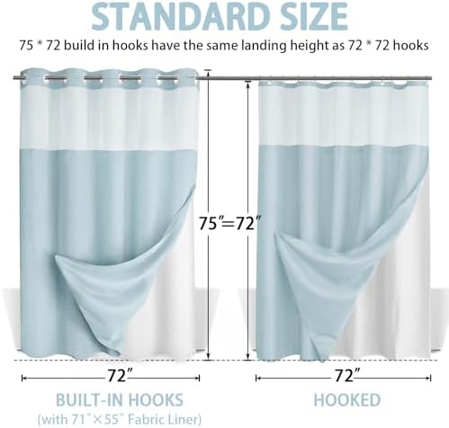 No Hook Shower Curtain with Liner Set Hotel Waffle Curtain Aqua 72W X 75L