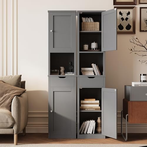 Shintenchi Tall Bathroom Storage Cabinet, Slim Corner Floor Cabinet with Doors and Drawer, Freestanding Narrow Bathroom Organizer with Adjustable Shelves for Small Space, Gray