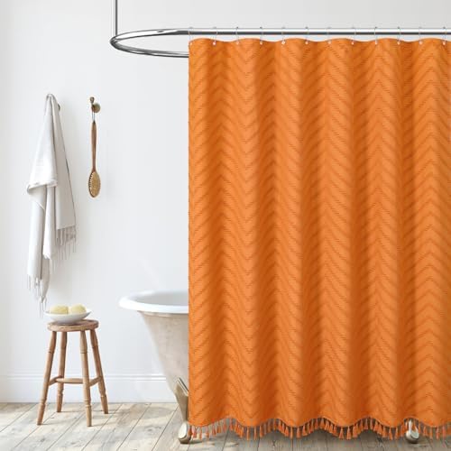Dynamene Extra Long Boho Shower Curtain Tufted Chevron 72"x96" Burnt Orange
