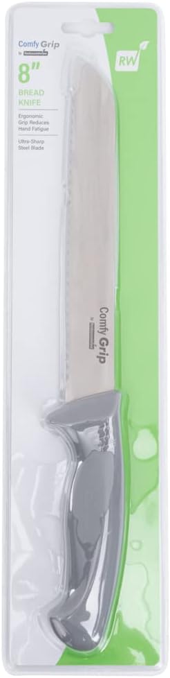 Restaurantware Comfy Grip 8 Inch Bread Knife 1 Sharp Serrated Knife - Ergonomic Handle Non-Slip Grip Gray Stainless Steel Bread Cutting Knife Dishwashable Slice All Types Of Bread