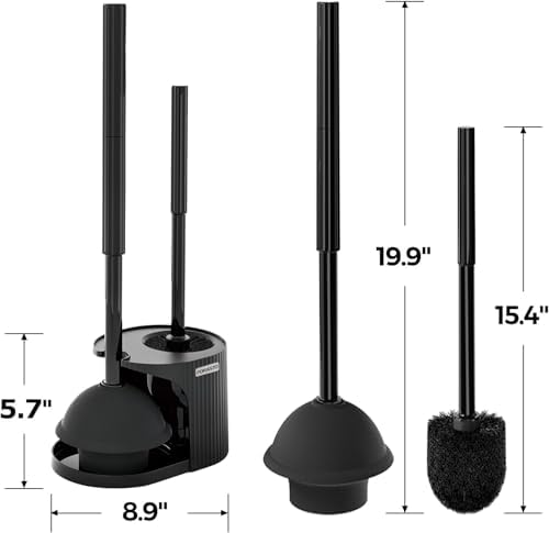 FORASTO 2Pack 2 in 1 Toilet Brush and Plunger Set, Extended Handle Plunger,Toilet Bowl Brush Plunger Set,Bathroom Cleaning Tools,Toilet Brush Plunger Combo,Cleaning Supplies,Black