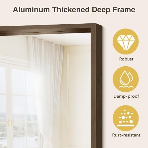Bathroom Mirror, 30 x 36 inch Walnut Wood Grain Colored Aluminum Metal Frame Bathroom Vanity Mirror, Rectangle Wall Mirror for Bedroom Living Room, Tempered Glass, Horizontal or Vertical