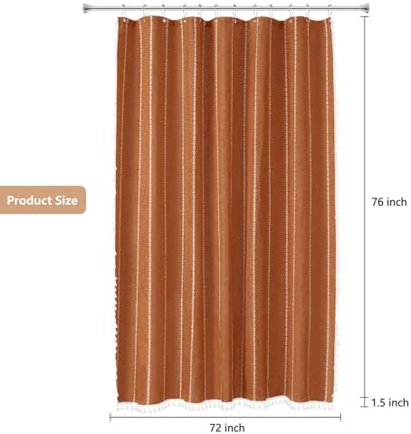 Seenus 72 x 76 inch Extra Long Boho Chic Shower Curtain Heavyweight with Tassels, Sunset Orange Linen Textured Fabric Farmhouse Shower Curtain, Elegant White Striped Bathroom Curtain Water Repellent