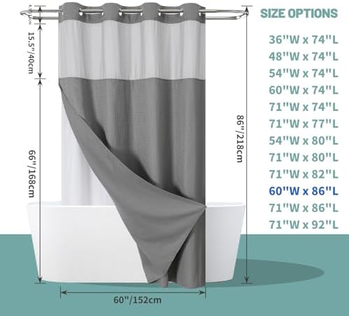 eachope No Hook Waffle Shower Curtain with Snap-in Liner, 60x86 Inch, Grey