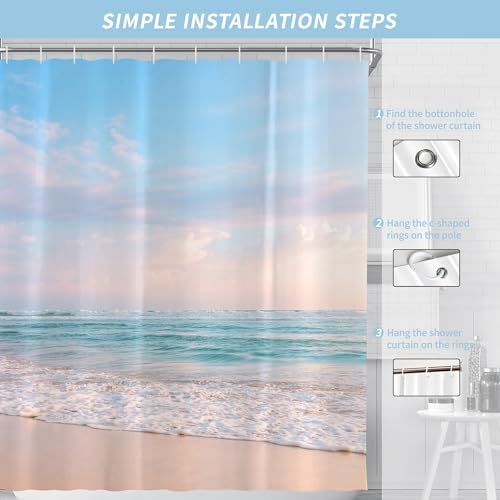 Ocean Beach Coastal Seaside Shower Curtain for Bathroom 60W*72H Inch Nautical Summer Seacoast Beachy Waves Bathtub Decor Seascape Nature Waterproof Polyester Fabric Set with 12 Hooks(10 Holes)