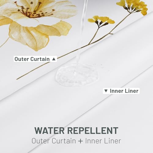 WITHLOC No Hook Floral Shower Curtain with Liner, Yellow Gray, 71x77