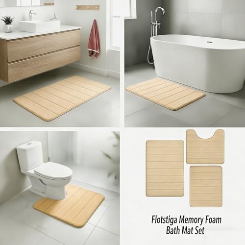 Memory Foam Bath Mat Set 3 Piece,Super Soft Absorbent Bathroom Rug Non Slip, Quick Dry,Machine Wash, Perfect Plush Bathroom Rugs,Home Decor Accessories,Beige