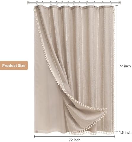 Seenus Boho Farmhouse Shower Curtain and Fabric Liner Set, Heavyweight Linen Textured Fabric Shower Curtain Taupe with Tassels, 2 in 1 Waterproof Fabric Shower Curtain Set for Bathroom, 72x72 Inch