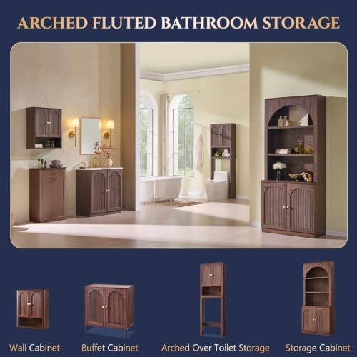 Bathroom Fluted Arched Wall Cabinet, 23.6''W Wood Medicine Cabinet,Brown