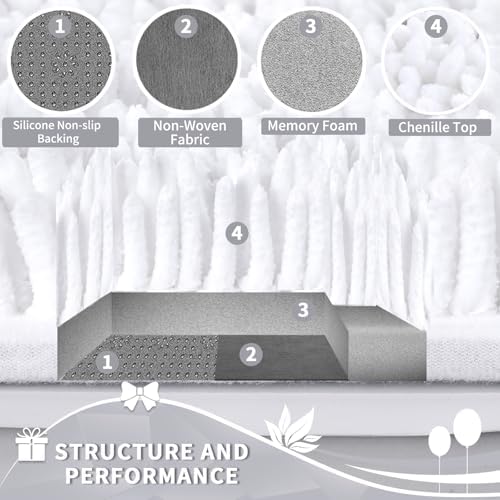 Yimobra Toilet Rugs U Shaped Washable, Extra Thick Soft Absorbent Chenille Contour Bathroom Rugs for Toilet 24x24 Inch, Quick Dry Non Slip Toilet Mat for Bath Floor, White