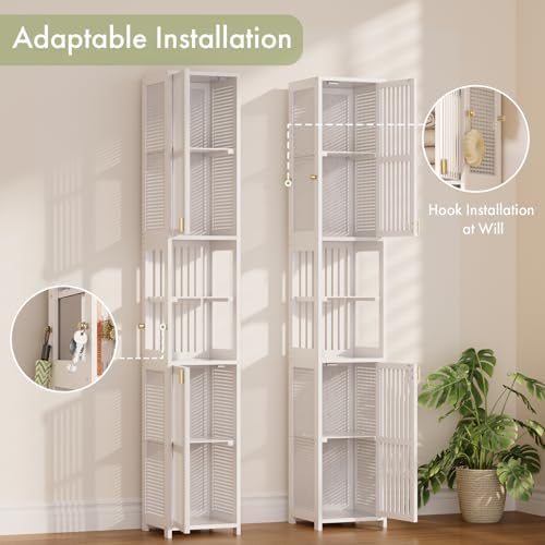 Amazer White Bathroom Storage Cabinet 70'', Bamboo Slim Storage Cabinet with Rattan Door and Adjustable Shelves, Narrow Freestanding Organizer for Living Room Kitchen