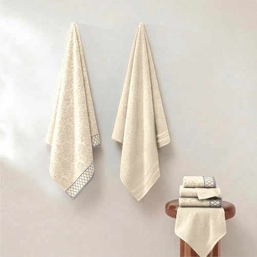 Modern Threads 6 Piece Bath Towel Set – Bathroom Towel Set with 2 Bath Towels, 2 Hand Towels & 2 Washcloths – 100% Cotton, Soft & Absorbent – Diamond Border (Ivory Cream)