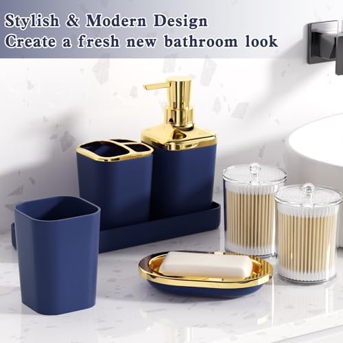 XLHOMO Bathroom Set - Blue and Gold Bathroom Accessories, Bathroom Sets with Shower Curtain and Rugs, Navy Blue Shower Curtain Set with Bathroom Trash Can, Soap Dispenser, Soap Dish for Home Decor