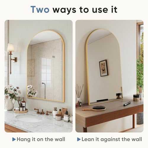 NEWBULIG 20X30 Inch Arched Bathroom Wall Mirror for Over Sink, Gold