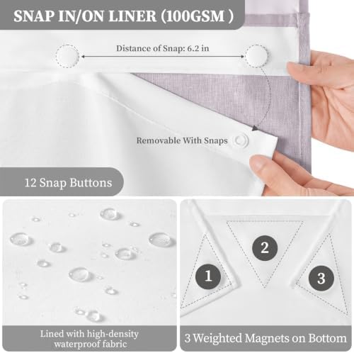 BTTN Lavender Ringless Linen Look Shower Curtain with Snap in Liner, 72x75