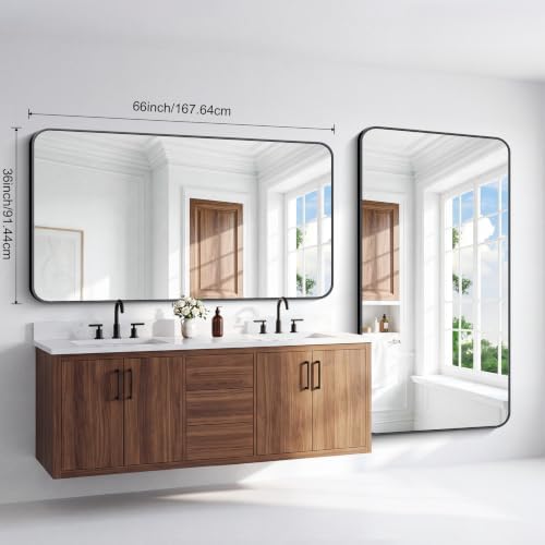 BONEWEI 66x36 inch Large Bathroom Mirror,Black Rectangle Mirror,Wall Mounted Bathroom Frame Vanity Mirror with Round Corner for Bedroom Living Room, Entryway Hangs Horizontal or Vertical