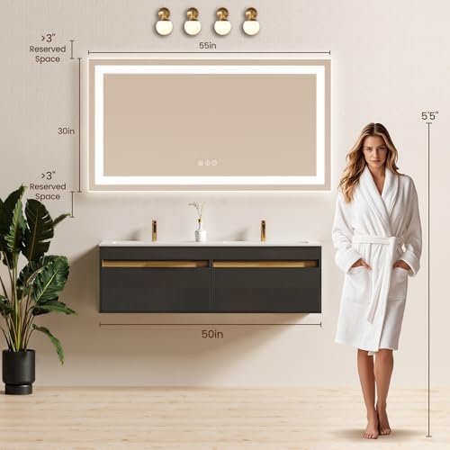 55"x30" LED Bathroom Mirror with Anti-Fog, Backlit & Front Lights, Memory