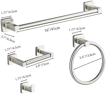Brushed Nickel Bathroom Hardware Set 4 Pieces,Towel Bar Set Stainless Steel Wall Mounted, Includes 16In Hand Towel Bar, Towel Ring, Robe Towel Hooks,Toilet Paper Holder, Bathroom Towel Rack Set…