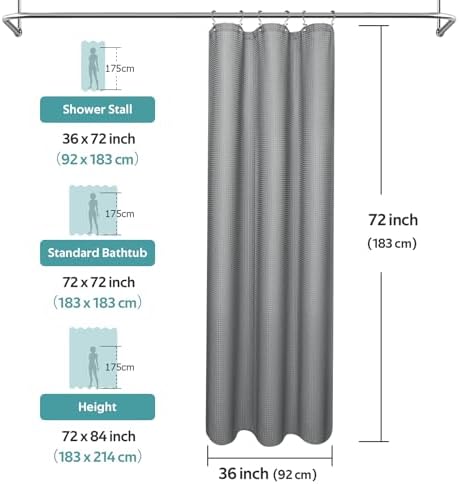 Vipfree 3 in 1 Shower Curtain Set, Waffle Shower Curtain and Liner Set with 6 Double Sided Shower Curtain Hooks, 258GSM Luxury Weighted Cloth Shower Curtain for Shower Stall, 36 W x 72 H, Grey