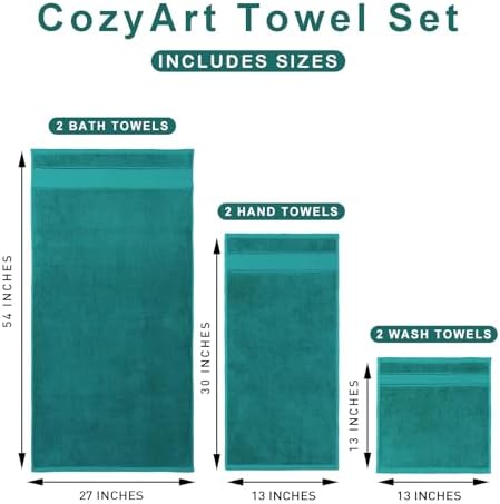 COZYART Bath Towel Set 6 PCS, Turquoise 100% Turkish Cotton 650GSM Soft