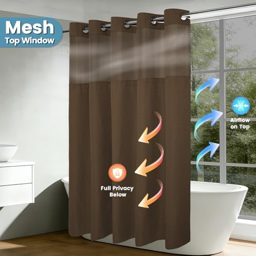 EUTXL Heavyweight Waffle No Hook Shower Curtain with Liner, Brown, 71x74