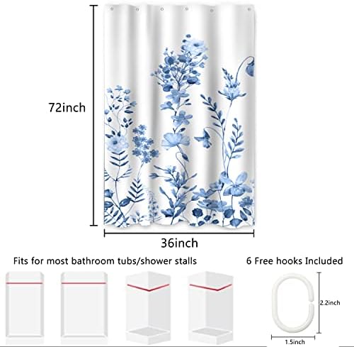 AWERT Small Half Size Stall Shower Curtain with 6 Hooks Shower Stall Curtain 36 x 72 Light Blue Floral 36 inch Shower Curtain for Bathroom/RV and Camper (Light Blue)