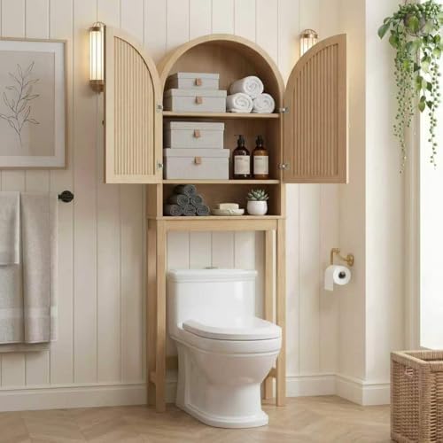 HMstone Over The Toilet Storage Cabinet, Arched Bathroom Organizer and Storage with Doors and Adjustable Shelf, Space-Saving Freestanding Bathroom Modern Storage Cabinet Over Toilet (Natural)