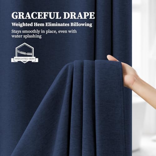 BTTN 72x78 Linen Textured Waterproof Fabric Shower Curtain Set, Navy Blue
