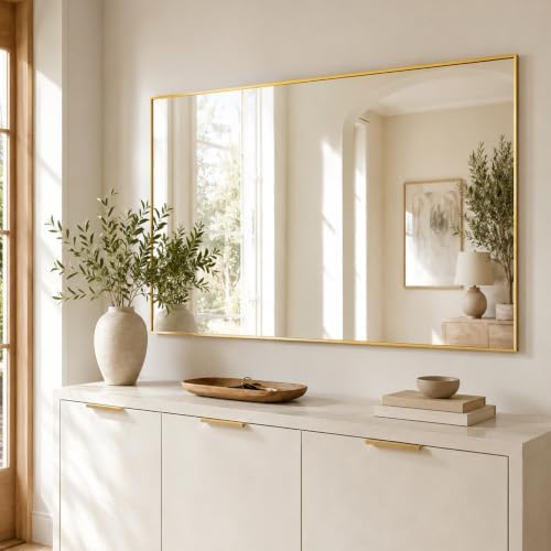 48"x30" Brushed Gold Large Framed Bathroom Vanity Wall Mirror