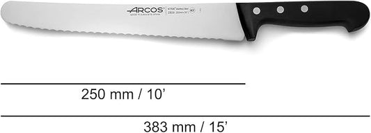Arcos Pastry Knife/Cake Knife 10 Inch Nitrum Stainless Steel and 250 mm blade. Ergonomic Polyoxymethylene POM Handle. Polypropylene core with soft rubber coating. Series Universal. Color Black
