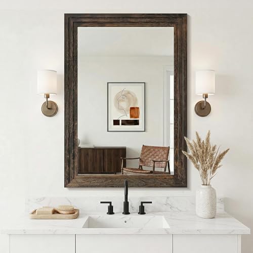 Farmhouse Rustic Wood Framed Bathroom Vanity Mirror for Wall, 26x38, Brown
