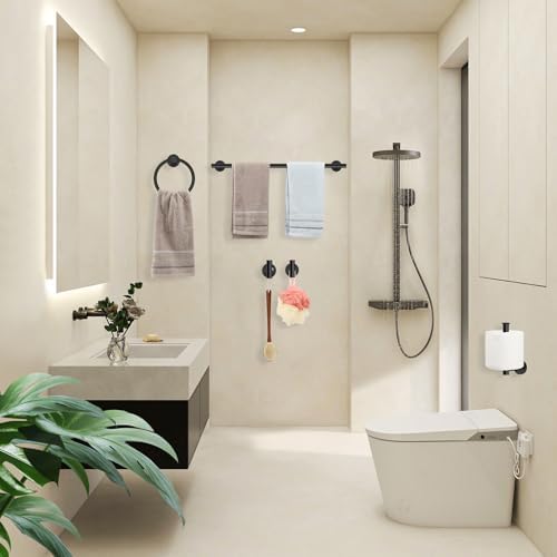 4 Piece Matte Black Stainless Steel Bathroom Hardware Set Include Hand Towel Ring, Toilet Paper Holder,and 2 Robe Towel Hooks,Bathroom Accessories Kit