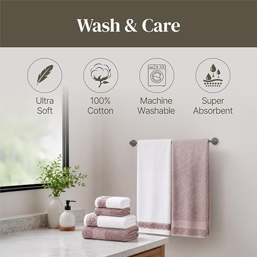 Modern Threads 6 Piece Bath Towel Set – Bathroom Towel Set with 2 Bath Towels, 2 Hand Towels & 2 Washcloths – 100% Cotton, Soft & Absorbent – Jacquard Border (Rose)