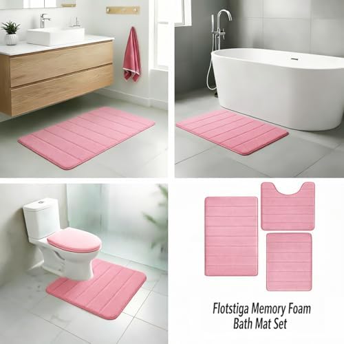 Memory Foam Bath Mat Set 3 Piece,Super Soft Absorbent Bathroom Rug Non Slip, Quick Dry,Machine Wash, Perfect Plush Bathroom Rugs,Home Decor Accessories,Pink