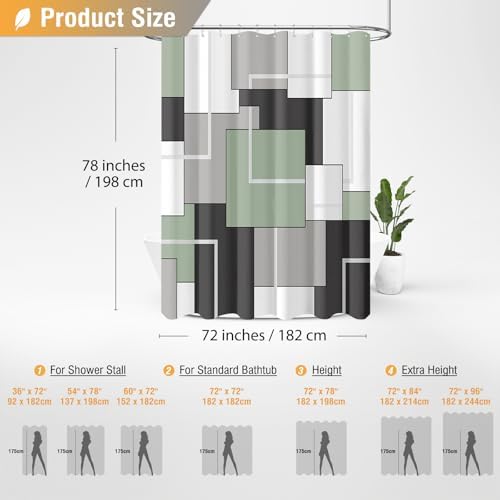 BTTN 72 x 78 Long Geometric Waterproof Fabric Shower Curtain, Sage Green