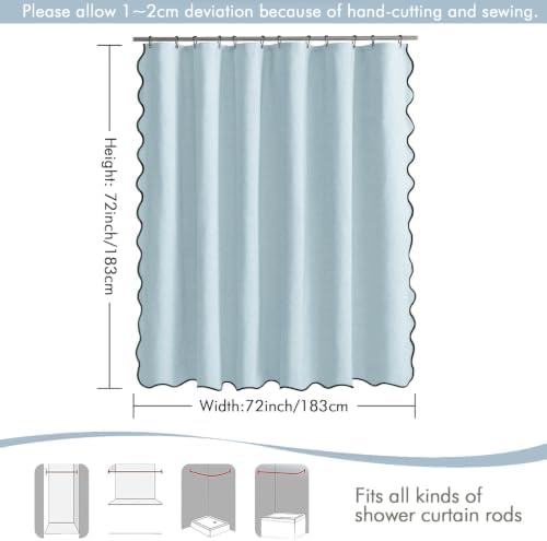 MIULEE Fog Blue Scalloped Linen Shower Curtain 72x72 Inches