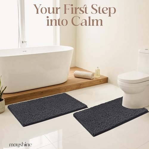 MAYSHINE Runner Plush Shaggy Chenille Bath Mat 71"x31" Extra Soft, Super Absorbent, Non-Slip Bathroom Rug | Fluffy Microfiber, Area Rug Sets for Bathroom Floor, Kitchen, Living Room | Charcoal Gray