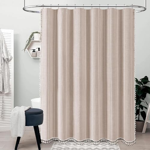BTTN 54 x 72 Boho Linen Heavy Duty Cloth Shower Curtain Set, Tan/Taupe