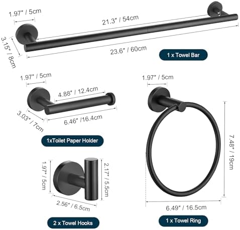 TURS Matte Black Bathroom Hardware Set 5 Piece, SUS304 Stainless Steel Bath Towel Bar Set, 24 Inch Bathroom Accessories Kit Wall Mounted