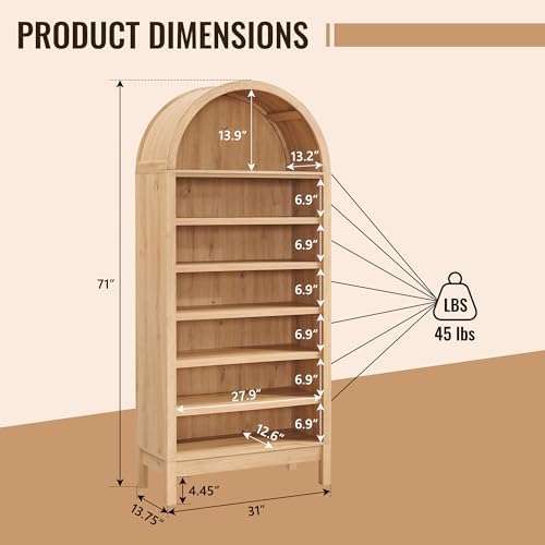 IFBUY 71" Tall Arched Bathroom Storage Cabinet, 7-Tier Modern Farmhouse Storage Cabinet with Adjustable Shelves, Wood Freestanding Cabinet for Bathroom, Living Room, Entryway, Hallway (Natural)