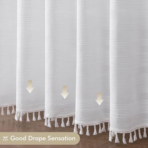 OVZME Extra Long White Boho Shower Curtain 84 Inch Long, Modern Farmhouse Heavy Duty Textured Soft Fabric, Rustic Country Cloth Shower Curtain with Tassel for Bathroom Hotel, 72Wx84L, White