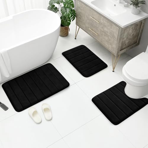BYSURE Black Memory Foam Bathroom Rug Set 17"x24"+20"x32"+U20 x24