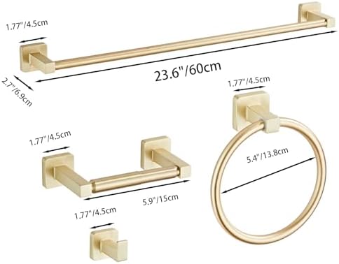 Brusehd Light Gold Bathroom Hardware Set 4 Pieces,Bathroom Accessories Set Stainless Steel Wall Mounted, Hand Towel Bar, Towel Ring, Robe Towel Hooks,Toilet Paper Holder,Towel Bar Set, 23.6 Inch…