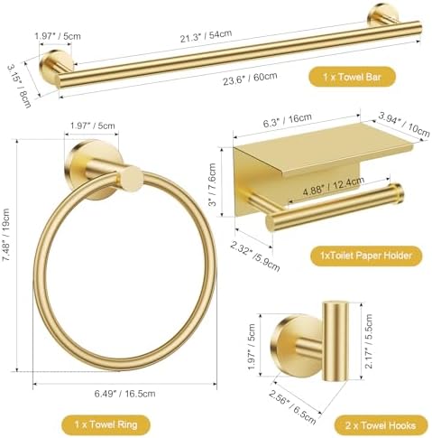 TURS Brushed Gold 5-Piece Bathroom Hardware Set Towel Bar Set SUS304 Stainless Steel Towel Racks for Bathroom Wall Mounted, 23.6-Inch