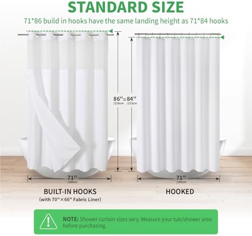 eachope No Hook Linen Texture Shower Curtain with Snap-in Liner,71x86 White