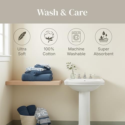 Modern Threads 6 Piece Bath Towel Set – Bathroom Set with 2 Bath Towels, 2 Hand Towels, and 2 Wash Cloths – 100% Cotton, Super Absorbent & Extra Soft – Reversible Floral Trail (Navy)